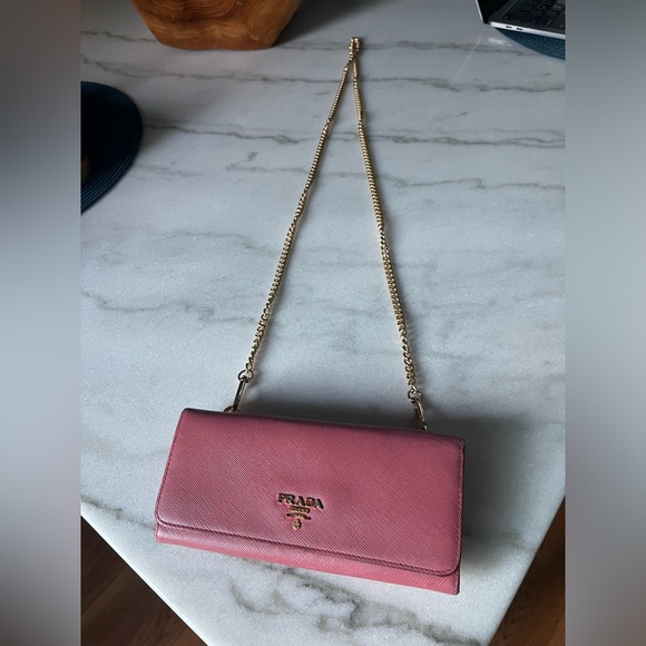 Prada Pink Saffiano Long Wallet with Generic Gold Crossbody Chain - Picture 16 of 16